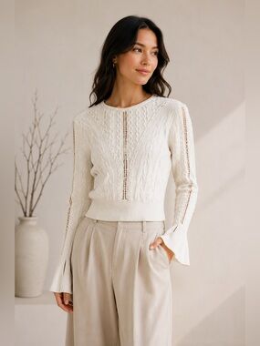 Express Boho Cable Knit Open Pointelle Sweater Flared Slit Bell Sleeve S⁠